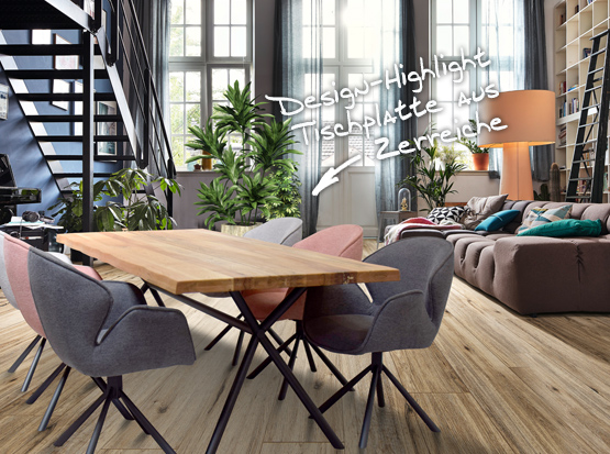 Massivholztisch aus Zerreiche mit Design Drehstuhl Veneto