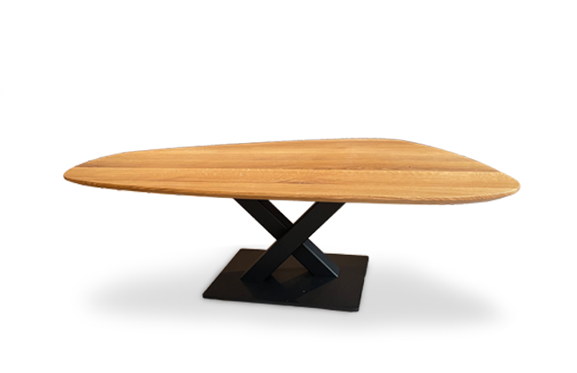 Couchtisch Paradiso, Schweizer Kante, 3cm vollmassiv, Tischplatte Kieselform, Stahltischgestell X-Form, HolzLand Köster in Emmerke bei Hildesheim, Hannover, Alfeld
