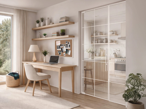 Glastür linesPlus zwischen Arbeitszimmer und Küche, Klar-Glas, Sprossen im digitaldruck in weiß, von Licht & Harmonie bei HolzLand Köster in Emmerke bei Hildesheim, Hannover, Alfeld, Peine