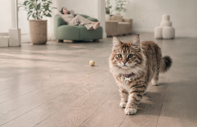 Katze auf wohngesundem Designboden Kiwi Now, reduziert, Die raffinierte Wahl, Dekor Pettersson Eiche Beige, von Swiss Krono bei HolzLand Köster in Emmerke bei Hildesheim, Hannover, Alfeld, Peine